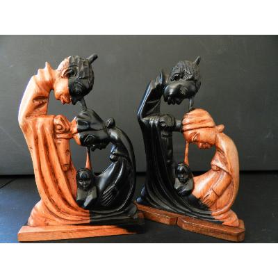 Sculpture Sainte Famille abstraite en bois d'ébène noir marron 19 cm 7.48"