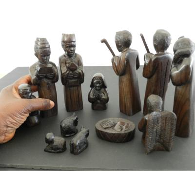 Crèche Nativité XL de luxe Bois ébène dense Noir 16 cm vieille patine 12 pièces vintage