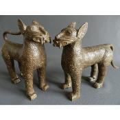 Sculpture en bronze couple léopards Edo Ifé Yoruba Année 1960