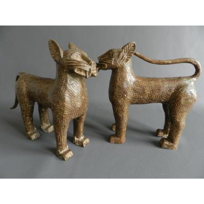 Sculpture en bronze couple léopards Edo Ifé Yoruba Année 1960