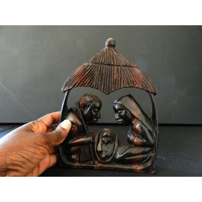 Sainte Famille crèche en bois ébène sous paillote case africaine 21 cm 8.27"