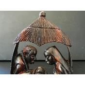 Sainte Famille crèche en bois ébène sous paillote case africaine 21 cm 8.27"
