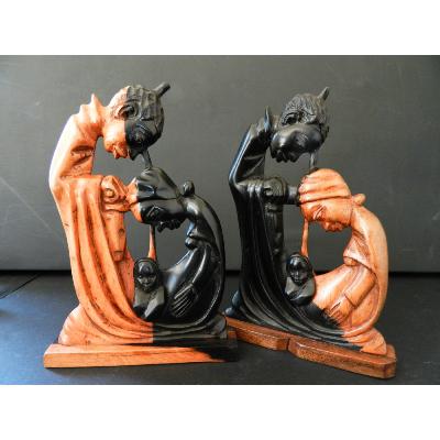 Sculpture Sainte Famille abstraite en bois d'ébène noir marron 19 cm 7.48"