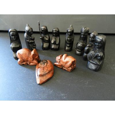 Crèche Nativité en bois ébène noir 11 personnages Jésus Marie Joseph
