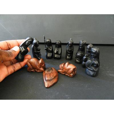 Crèche Nativité en bois ébène noir 11 personnages Jésus Marie Joseph