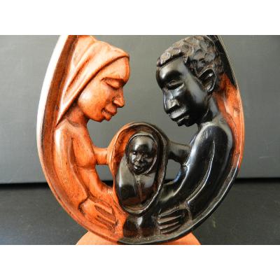 Crèche Statue de Sainte Famille Nativité en bois ébène marron case arrondie 28 cm 11.02")