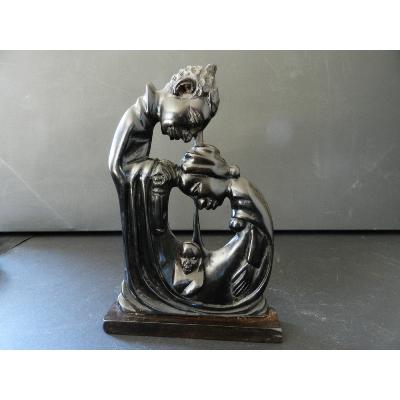 Sculpture Sainte Famille abstraite en bois noir d'ébène 19 cm 7.48"